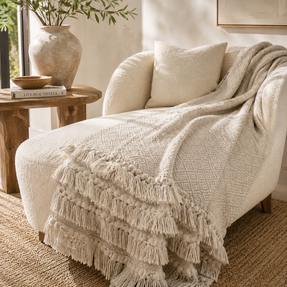 Rachel Zoe Home Throw Blanket Cream Beige Woven Fringe Tassel Boho Textured